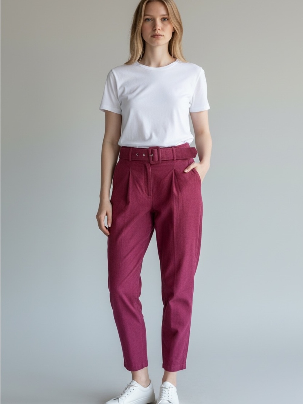 Tailored High-Rise Tapered Corduroy Pants with Belt in Raspberry EU 44 US 12